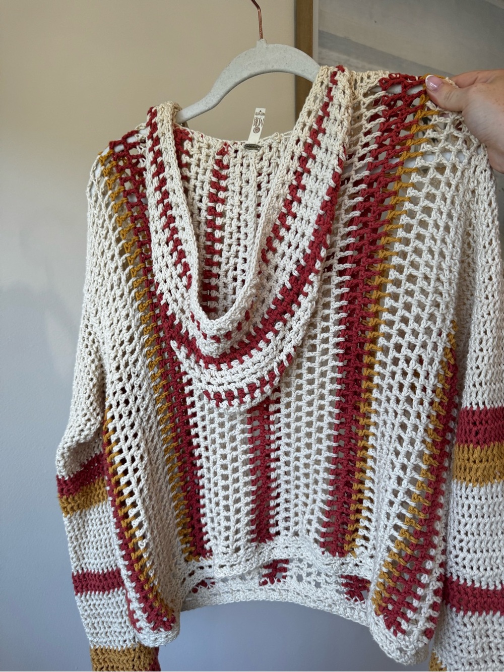Open-Knit Lace-Up Pullover Sweater in Cream with Rust & Mustard Stripes - Picture 2 of 7